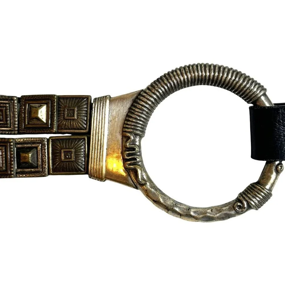 Chico's Black Leather and Pewter Metal Boho Casual Chunky Belt Size Medium